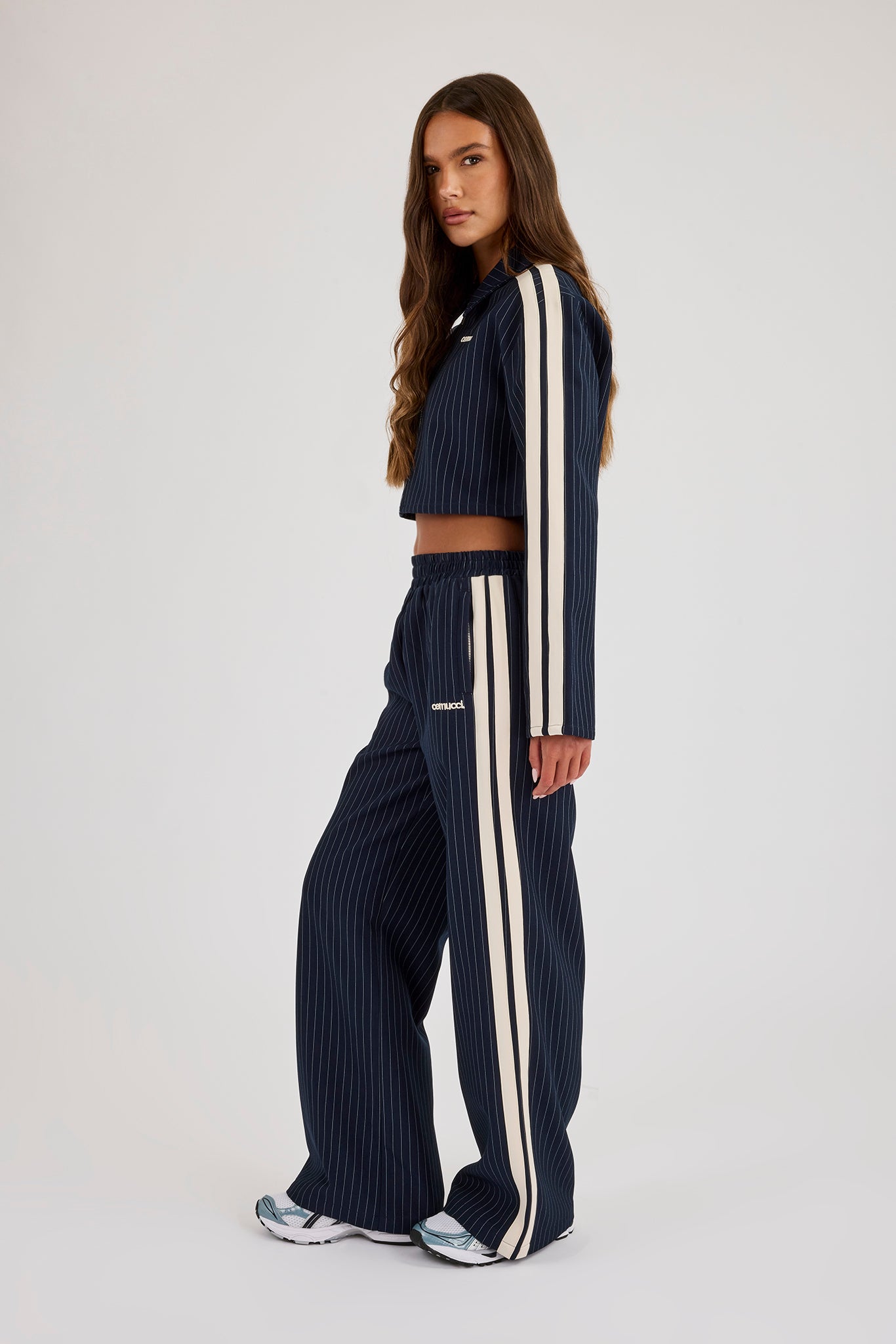 Pinstripe Taping Cropped Harrington Jacket & Wide Leg Track Pant - Navy Blue